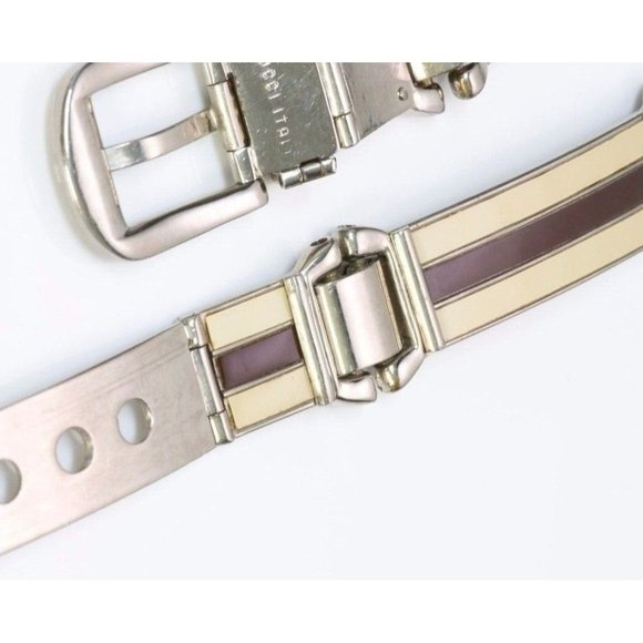 Gucci Sylvie chrome w ivory & red enamel stripes skinny belt - Picture 6 of 6